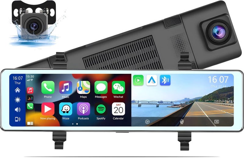 AMprime Mirror Dash Cam with Wireless Apple Carplay&Android Auto,11.26" Voice Control Rear View Mirror 1080P Front and Rear View Dual Cameras,FM Transmitter,Night Vision,Parking Assistance, WDR,Loop Recording - Image 1